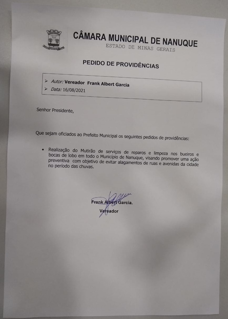 PEDIDO DE PROVIDÊNCIA DO VEREADOR FRANK GARCIA AO PREFEITO GILSON COLETA