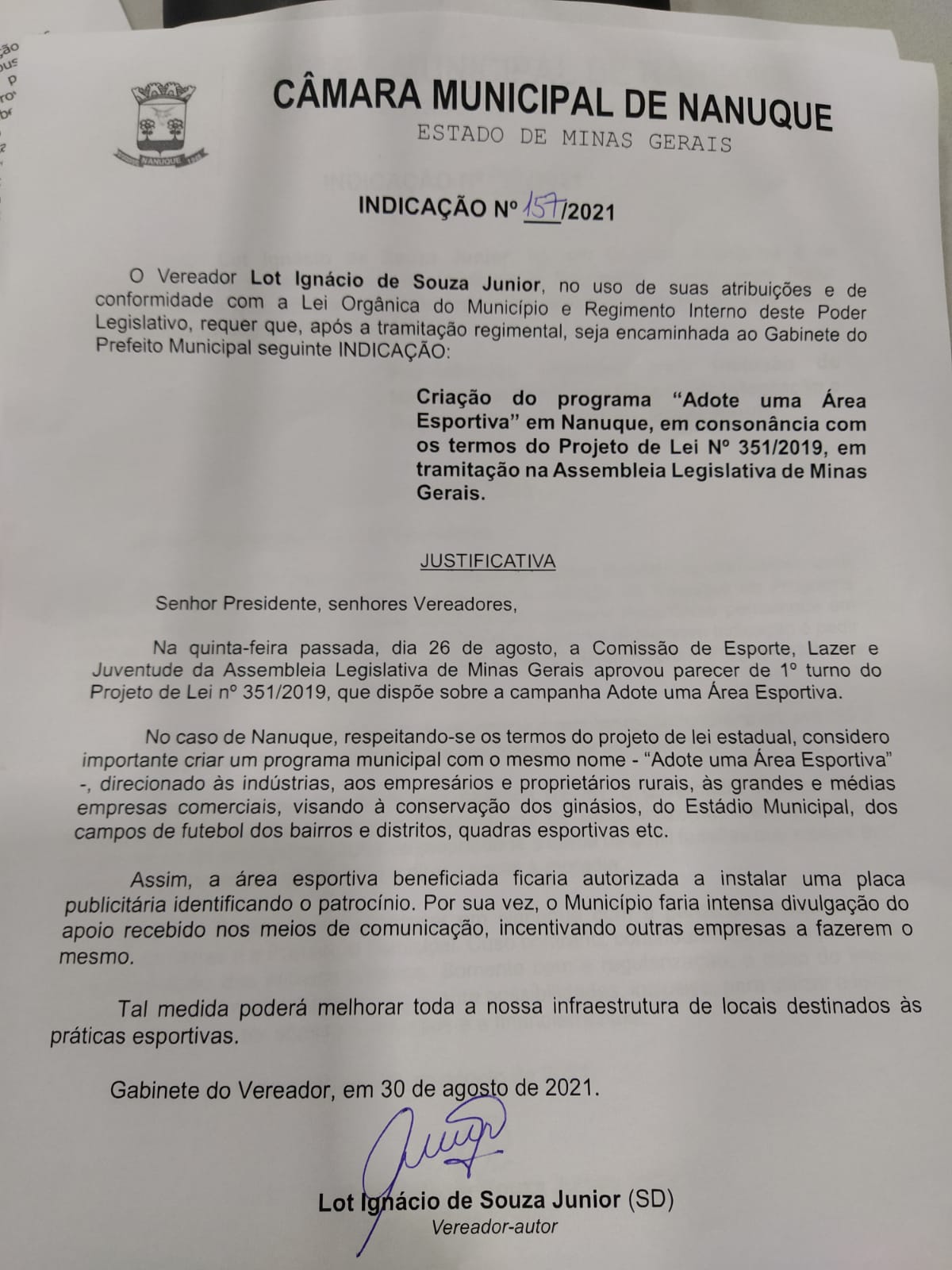 VEREADOR LOT INÁCIO FAZ INDICAÇÃO DE PROGRAMA DE PARCERIA ENTRE O PODER PUBLICO E EMPRESAS PRIVADAS