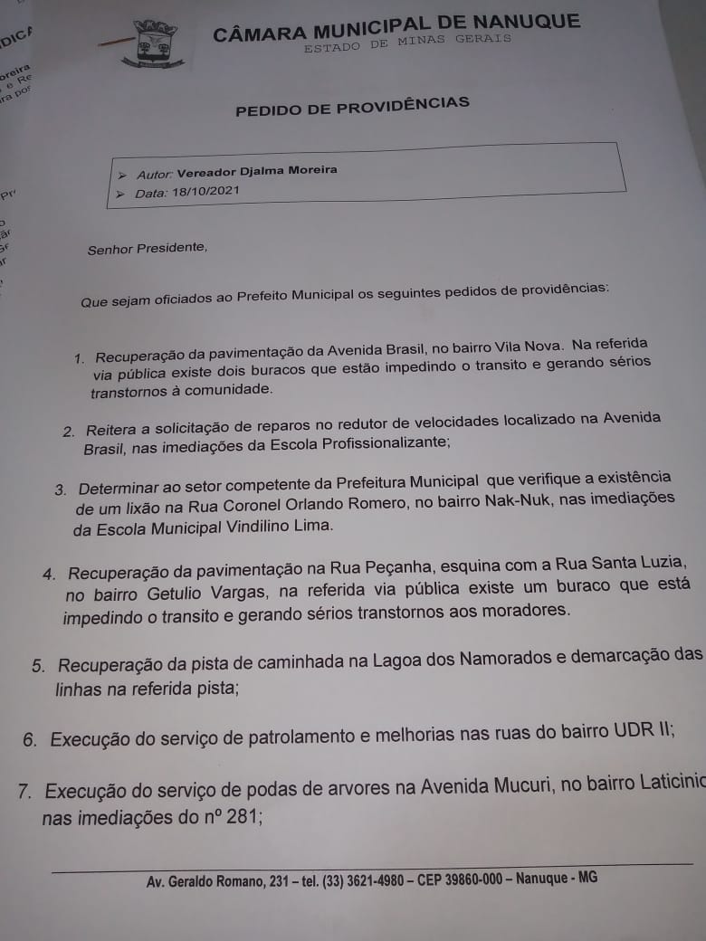 O VEREADOR DJALMA MOREIRA REALIZA PEDIDO DE PROVIDENCIAS
