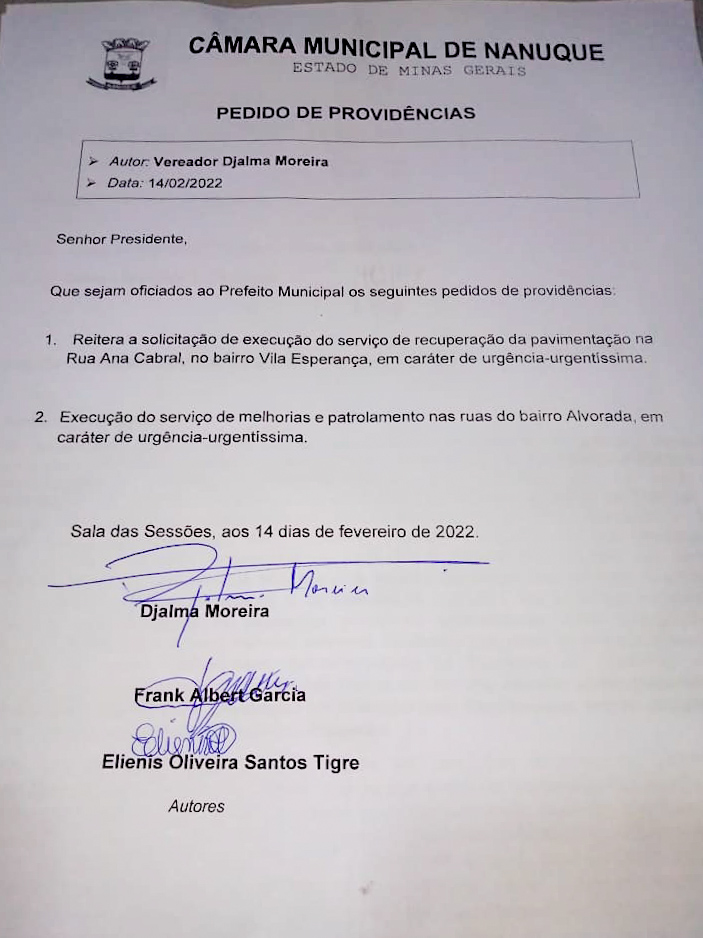Vereadores indicam melhorias para a cidade de Nanuque