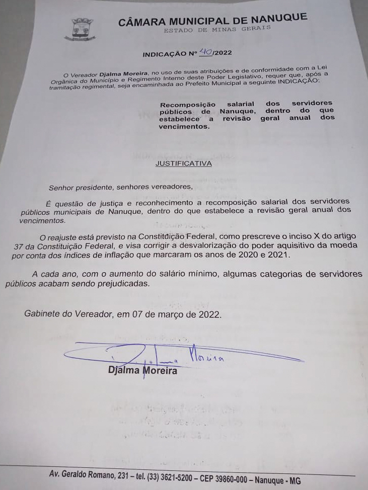 Solicitação de recomposição salarial dos servidores públicos de Nanuque