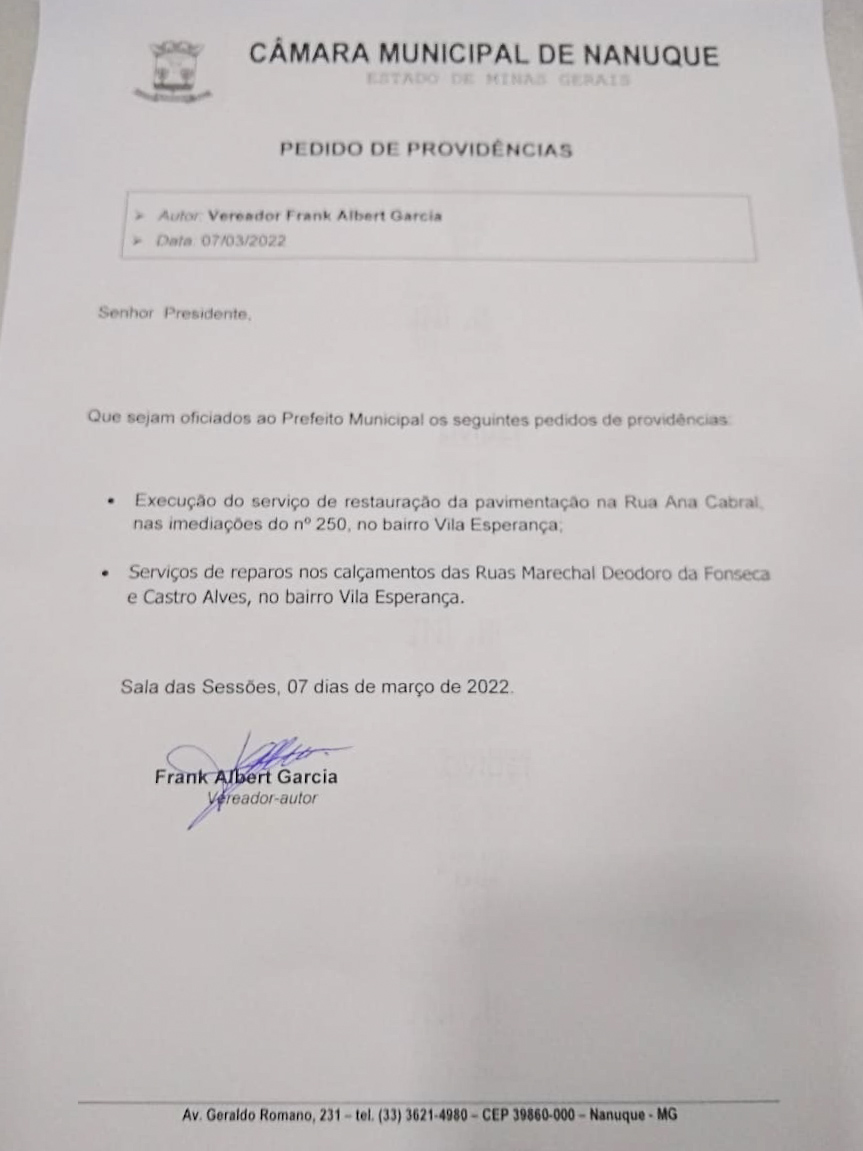 Vereador solicita restauração da pavimentação e calçamentos em ruas de Nanuque